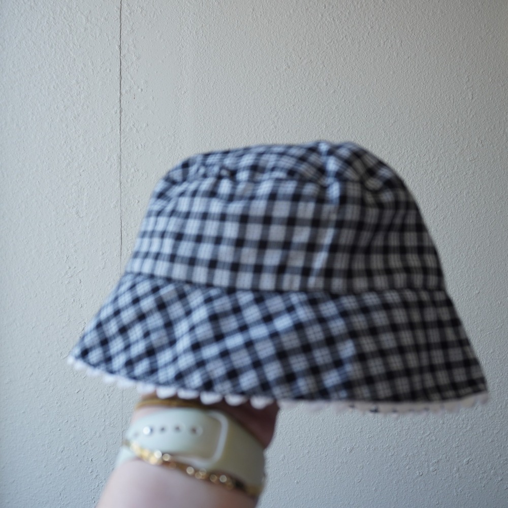 Cotton Gingham Baby Bucket Hat Kids Black Gingham Scalloped Lace Trim Cute